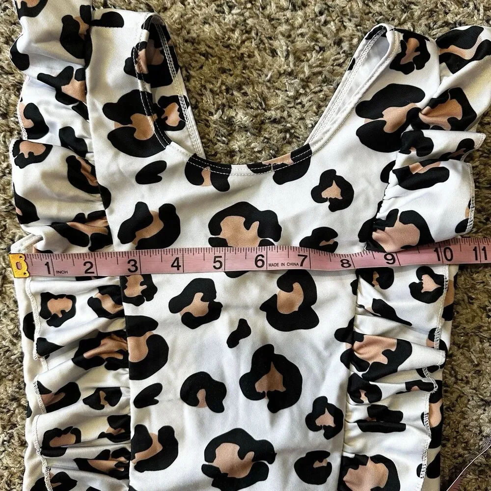 One-Piece Ruffle Sleeveless White Leopard Print Swimsuit Girls Sz 4-5 Year